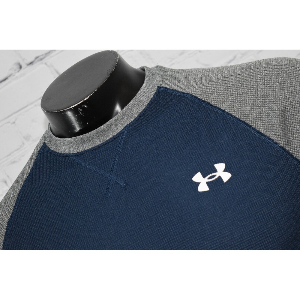 Under Armour Shirt Mens Medium Blue Grey Thermal Waffle Knit Raglan Long Sleeve - Picture 2 of 9
